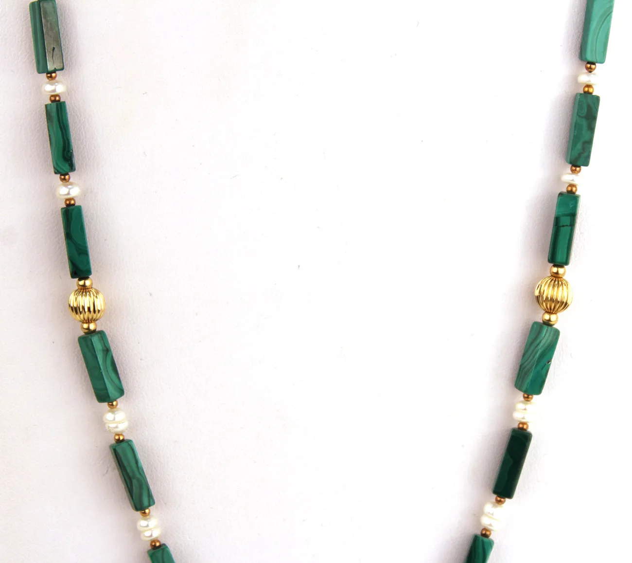 Malachite and Pearl Beaded Necklace with Gold Accents