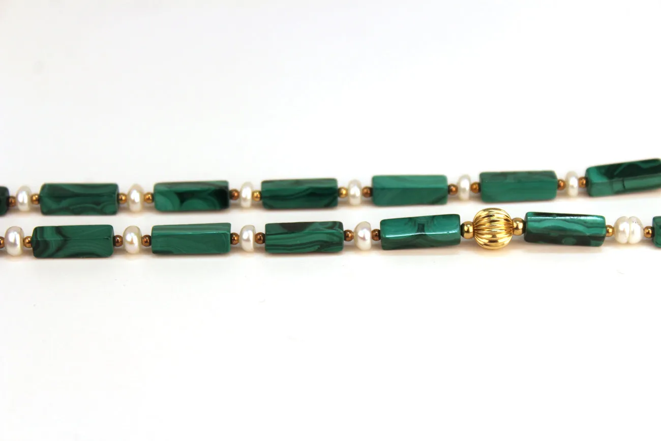 Malachite and Pearl Beaded Necklace with Gold Accents