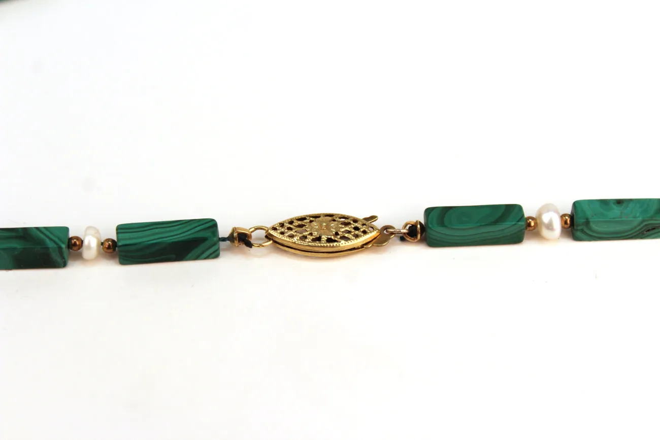 Malachite and Pearl Beaded Necklace with Gold Accents