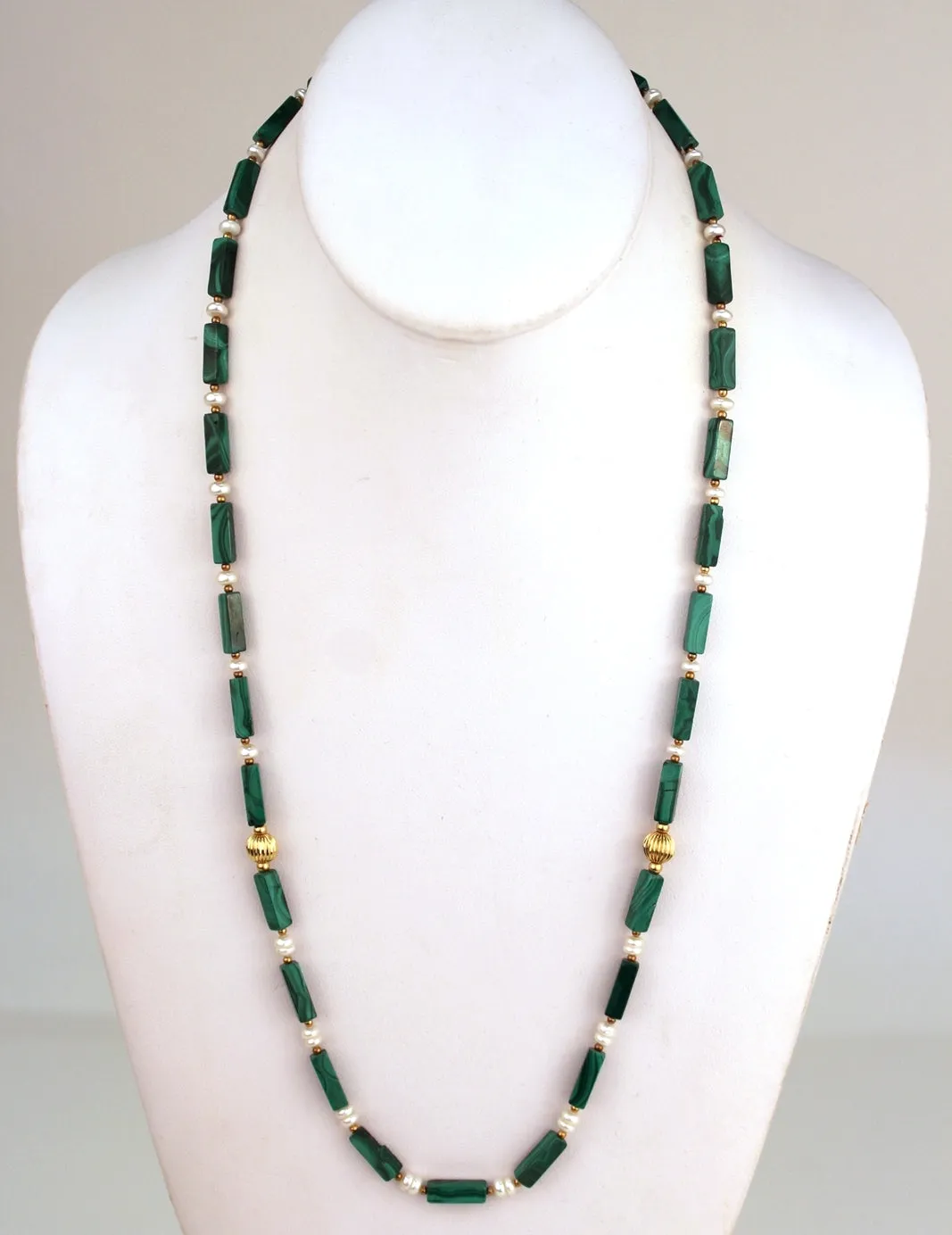 Malachite and Pearl Beaded Necklace with Gold Accents