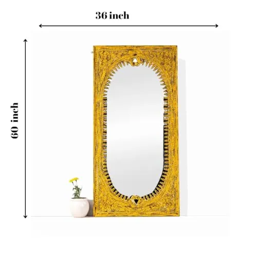 Manju Art Creations Handcrafted Wood Carved Spindle Design Mirror Frame in Mango Wood with White Distress Finish | Elevate Your Living Room and Bedroom Décor with Premium Wall Mirrors