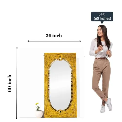 Manju Art Creations Handcrafted Wood Carved Spindle Design Mirror Frame in Mango Wood with White Distress Finish | Elevate Your Living Room and Bedroom Décor with Premium Wall Mirrors