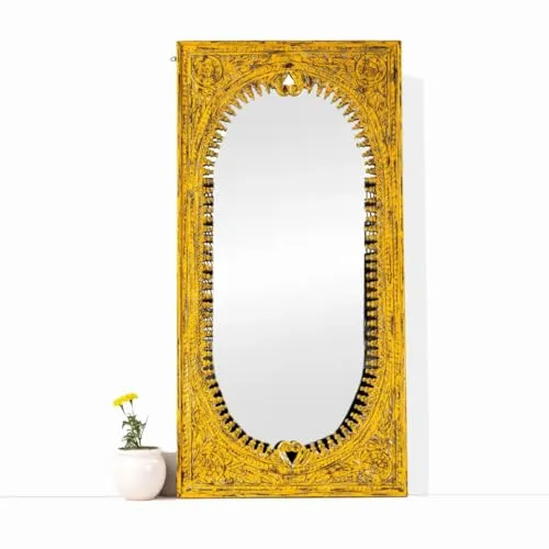 Manju Art Creations Handcrafted Wood Carved Spindle Design Mirror Frame in Mango Wood with White Distress Finish | Elevate Your Living Room and Bedroom Décor with Premium Wall Mirrors