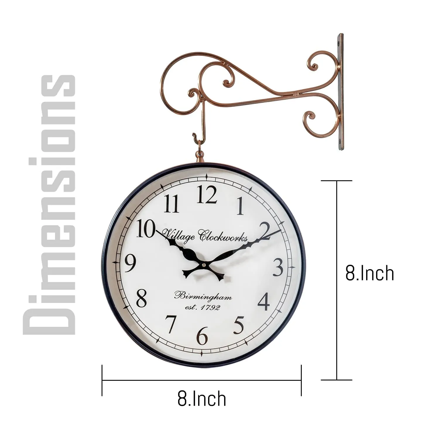 Metal Analog Double Sided Vintage Railway Station Wall Clock Platform Hanging Clock for Living Room Home Office (Copper_8 Inches)