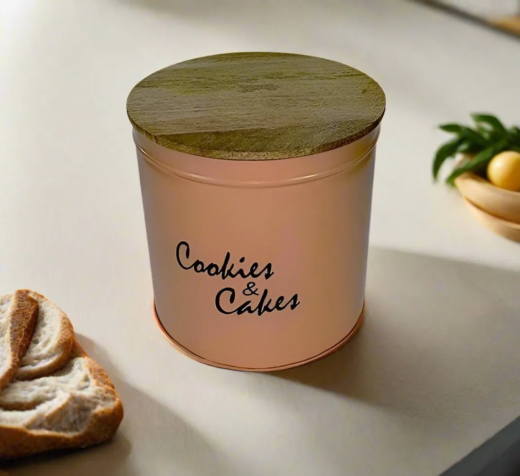 Metal Pinkish Cookies Jar With Wooden Lid/Sweet Life Cookie and Snack Charmer with wooden lid By MA