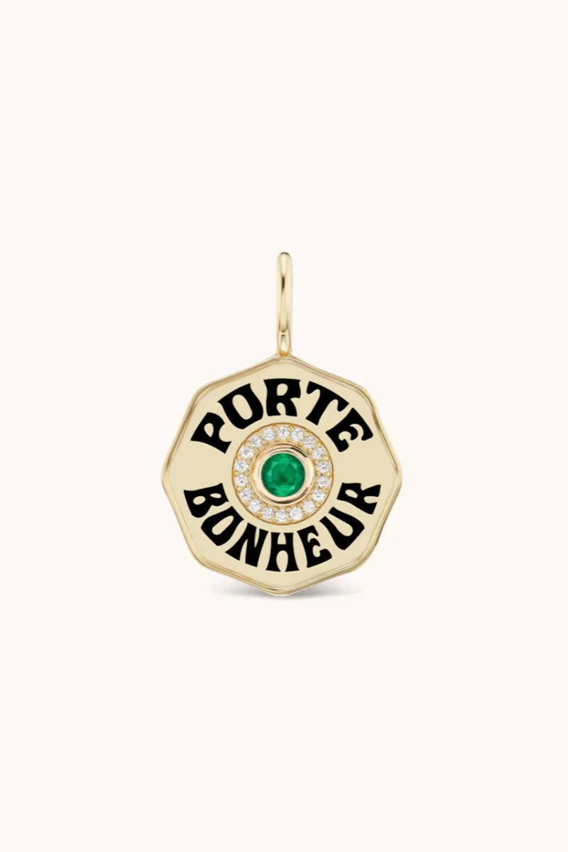 Mini PB Diamond Halo Charm - Emerald Black Enamel Yellow Gold