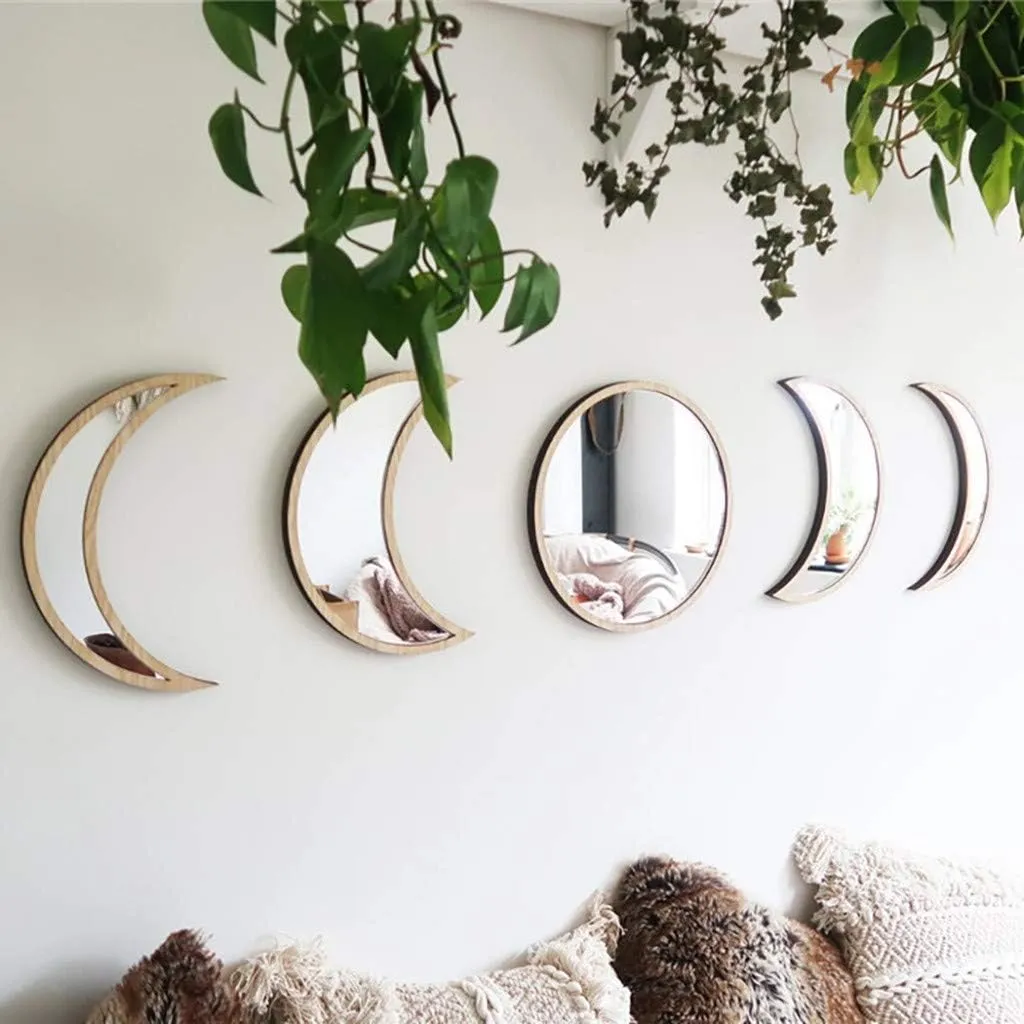 Moon Phase Mirror Set, 5 Piece Scandinavian Natural Decor Wall Bohemian Acrylic Mirror