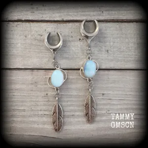 Moonstone and silver feather ear hangers-Gemstone goddess ear weights