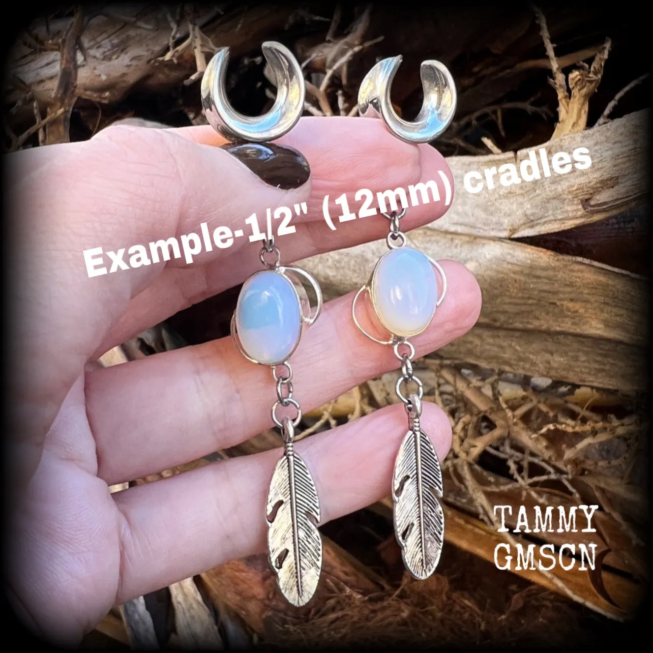 Moonstone and silver feather ear hangers-Gemstone goddess ear weights