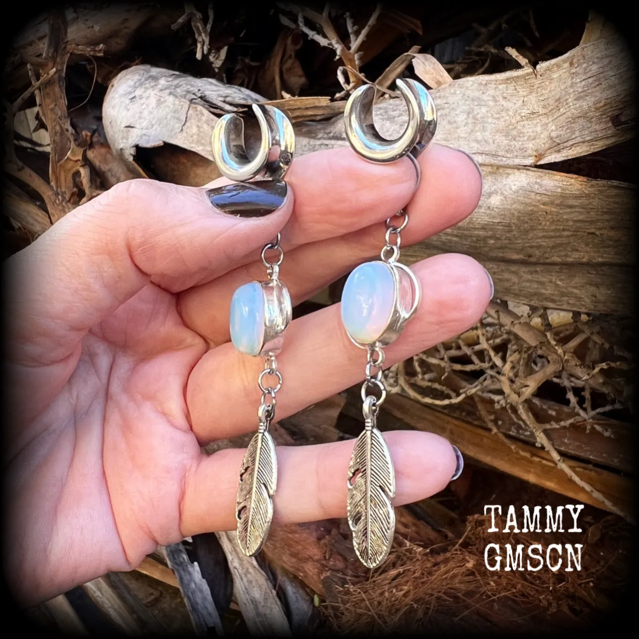 Moonstone and silver feather ear hangers-Gemstone goddess ear weights