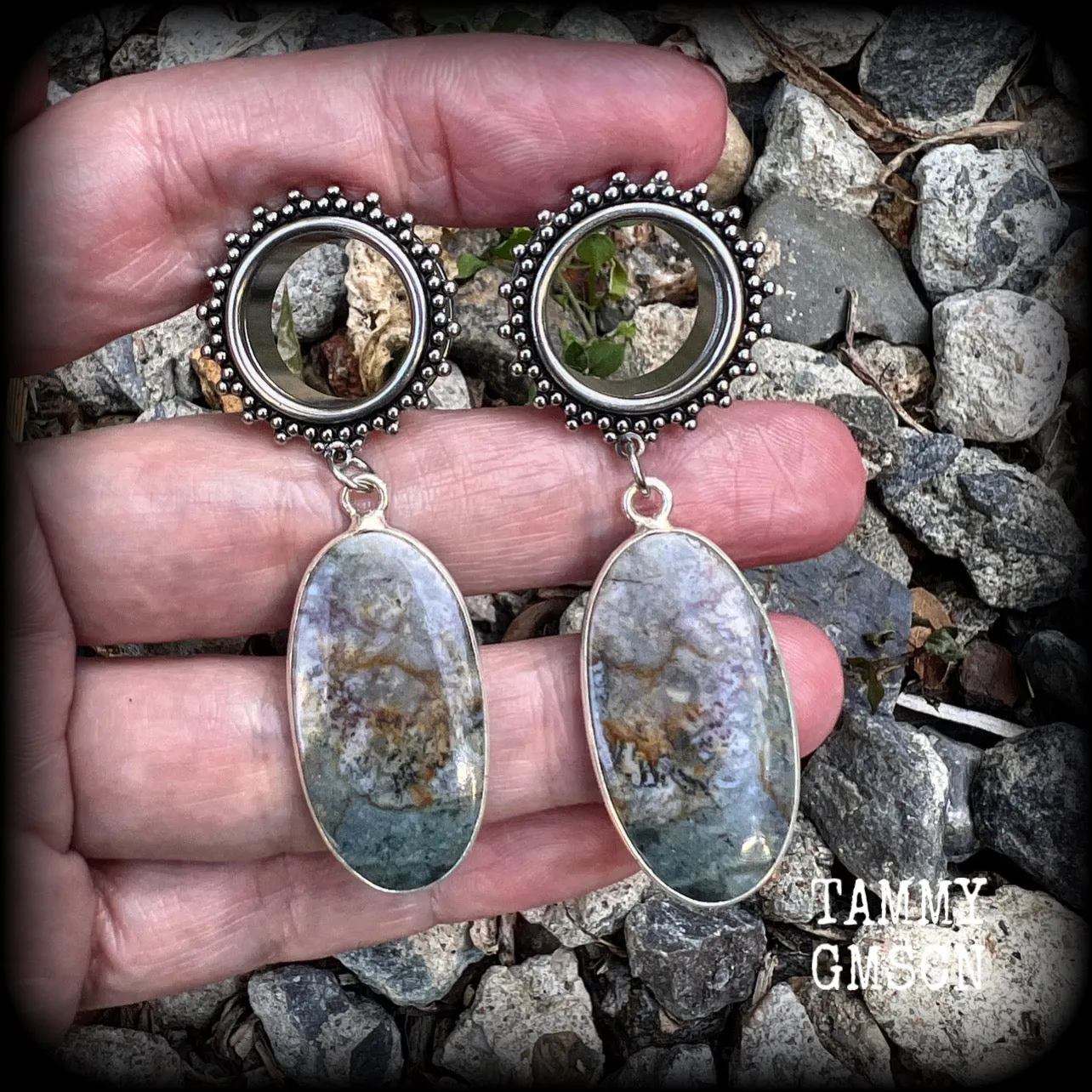 Moss agate tunnel dangles-Boho tunnel earrings