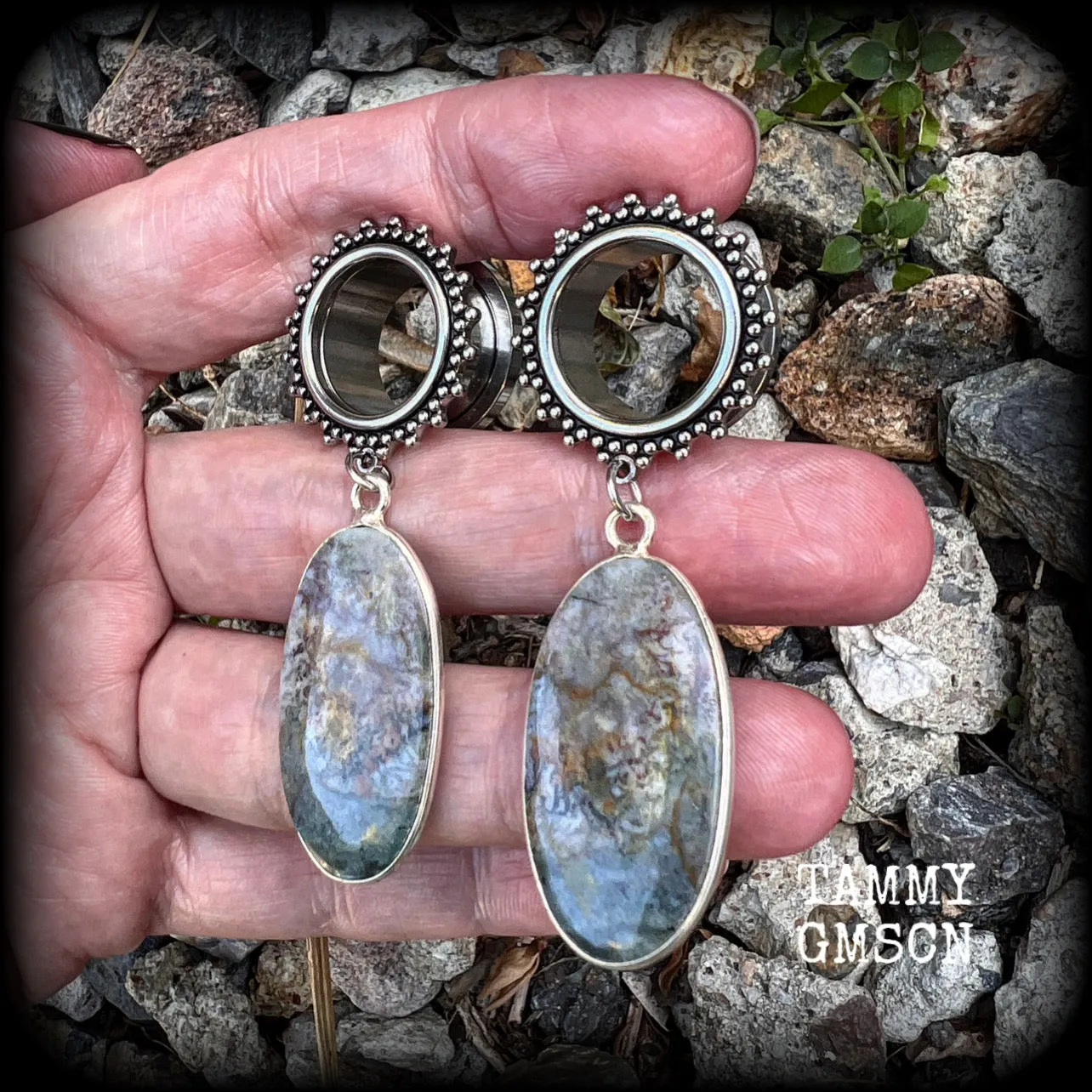 Moss agate tunnel dangles-Boho tunnel earrings