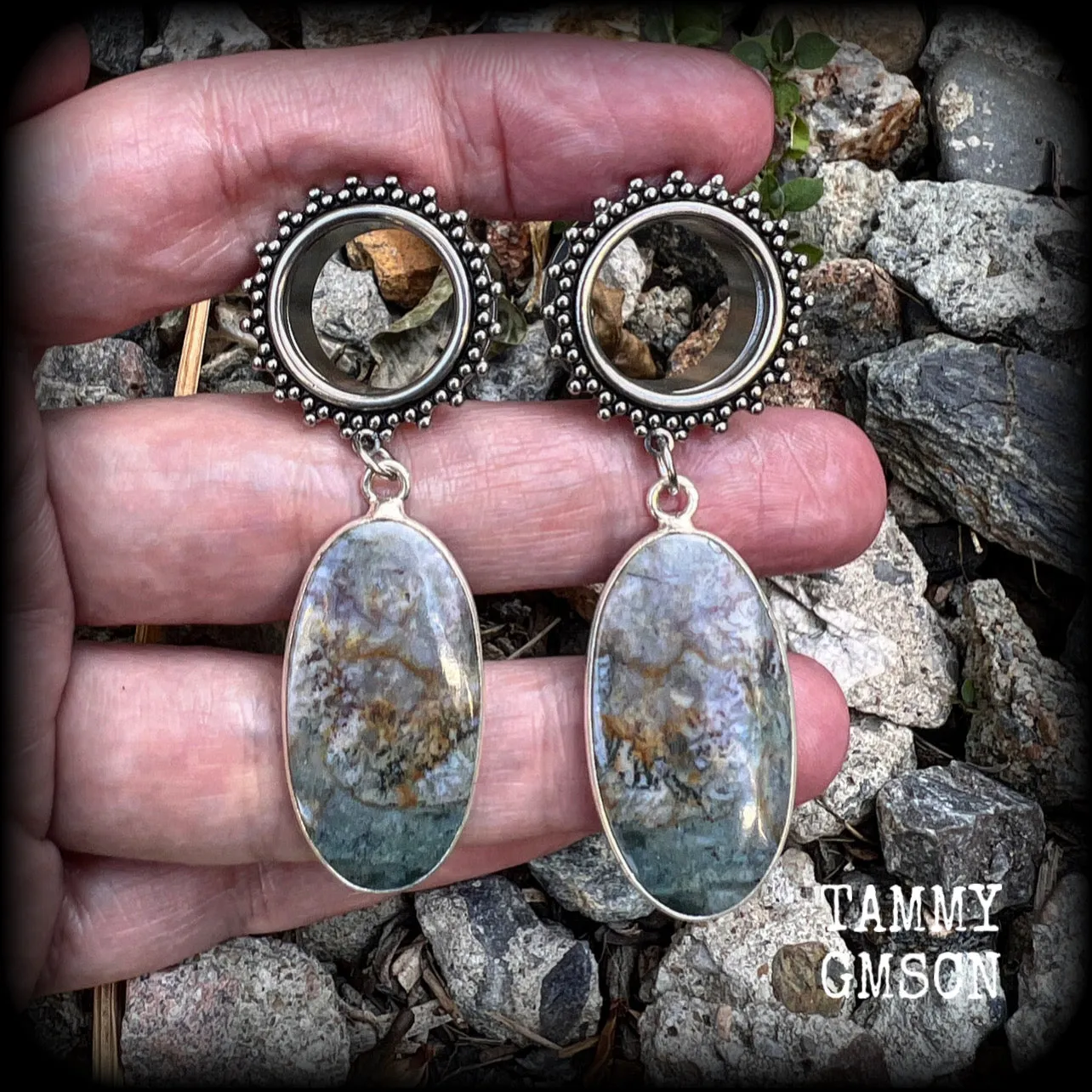 Moss agate tunnel dangles-Boho tunnel earrings