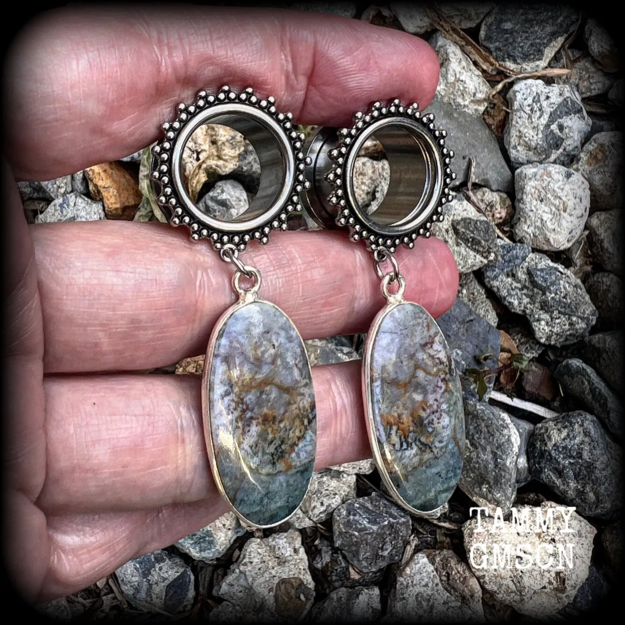 Moss agate tunnel dangles-Boho tunnel earrings