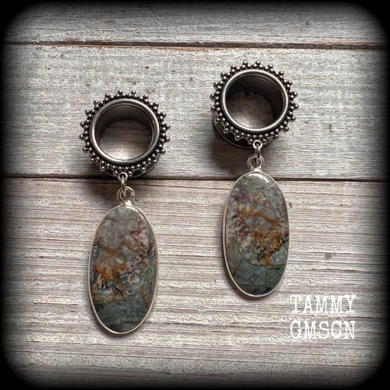 Moss agate tunnel dangles-Boho tunnel earrings