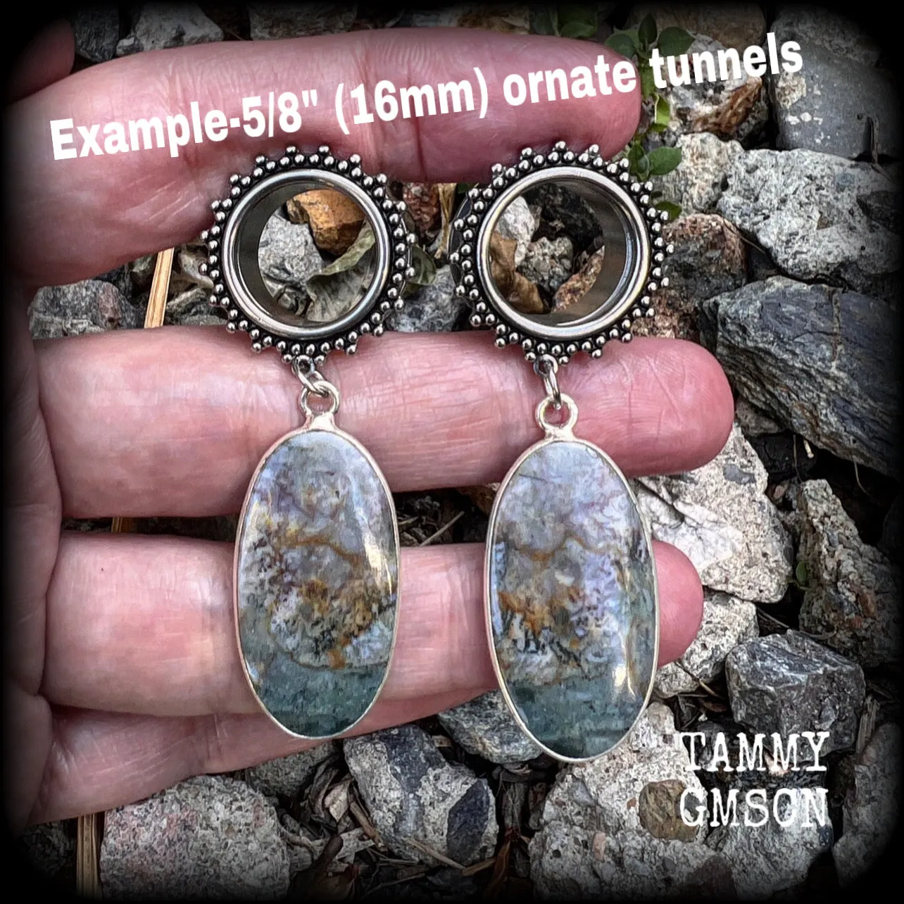 Moss agate tunnel dangles-Boho tunnel earrings