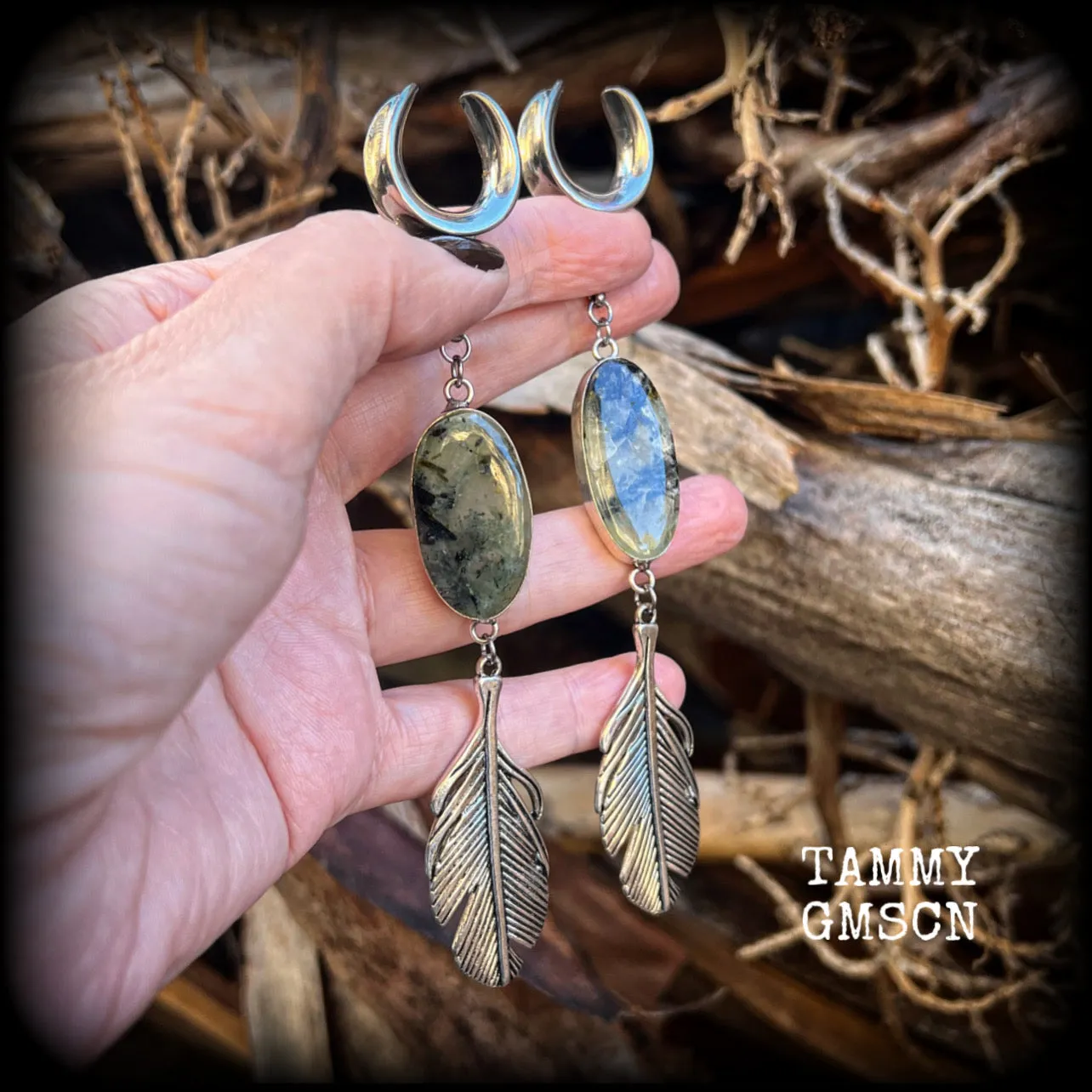 Moss jasper and silver feather ear weights-Boho gauged earrings