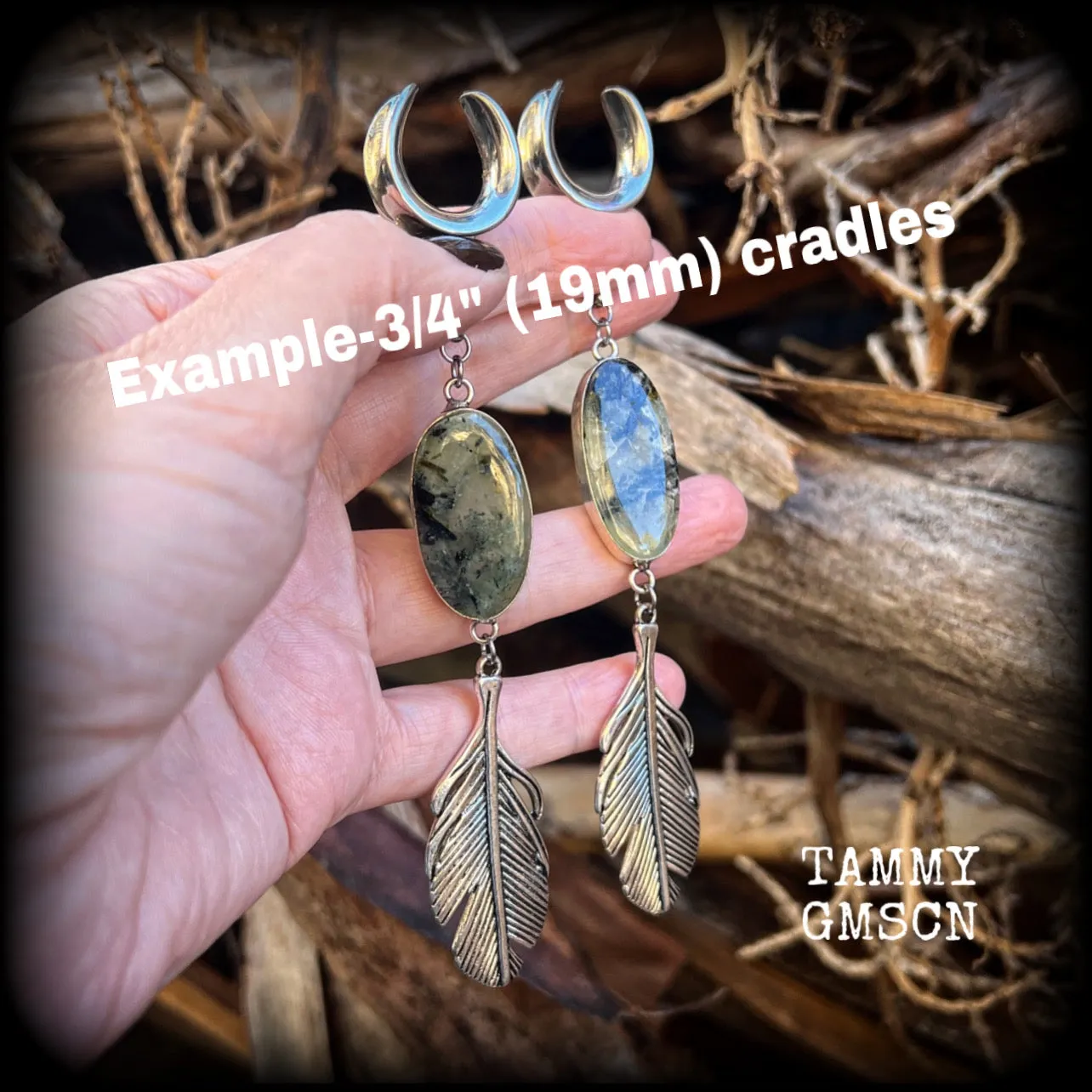 Moss jasper and silver feather ear weights-Boho gauged earrings