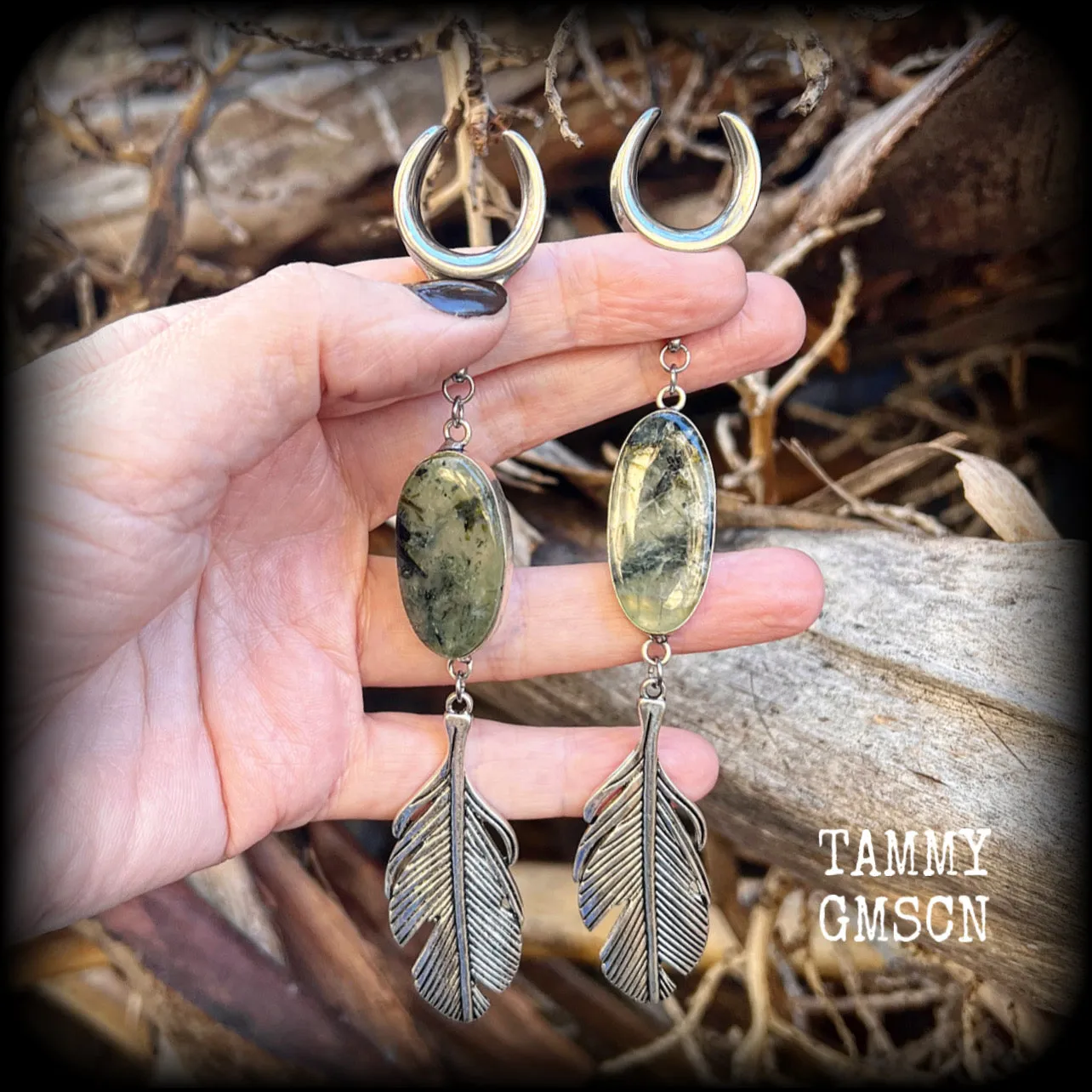 Moss jasper and silver feather ear weights-Boho gauged earrings