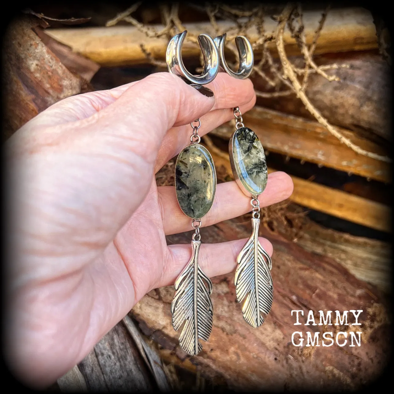 Moss jasper and silver feather ear weights-Boho gauged earrings