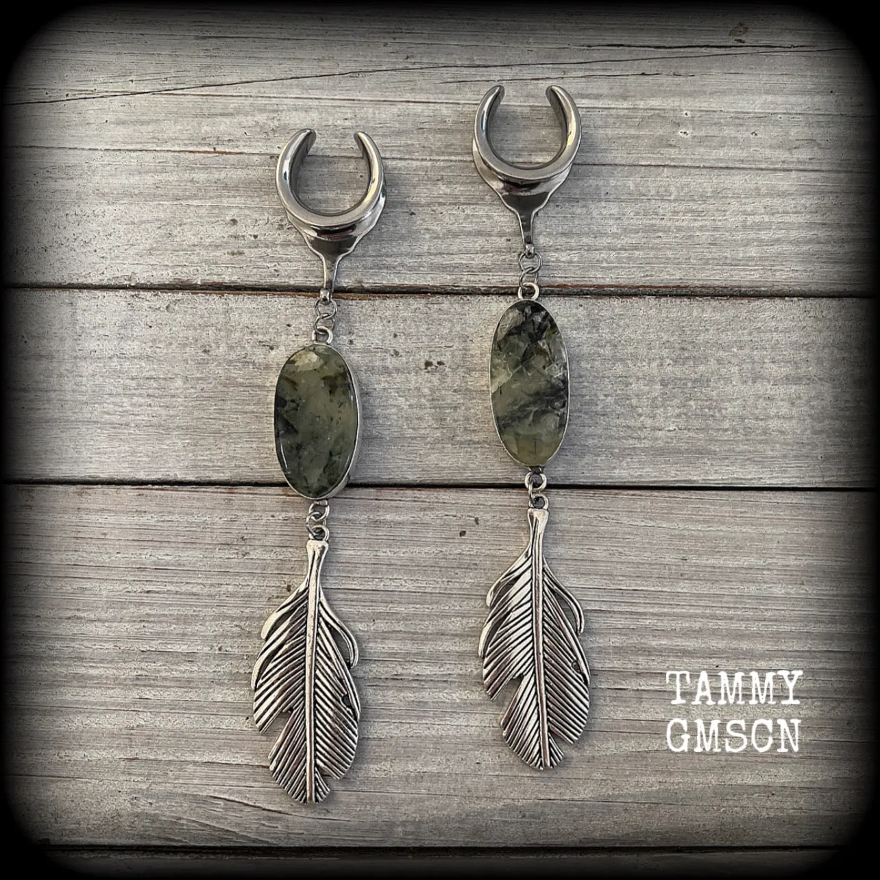 Moss jasper and silver feather ear weights-Boho gauged earrings