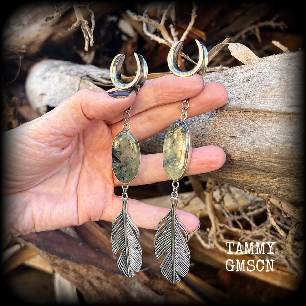 Moss jasper and silver feather ear weights-Boho gauged earrings