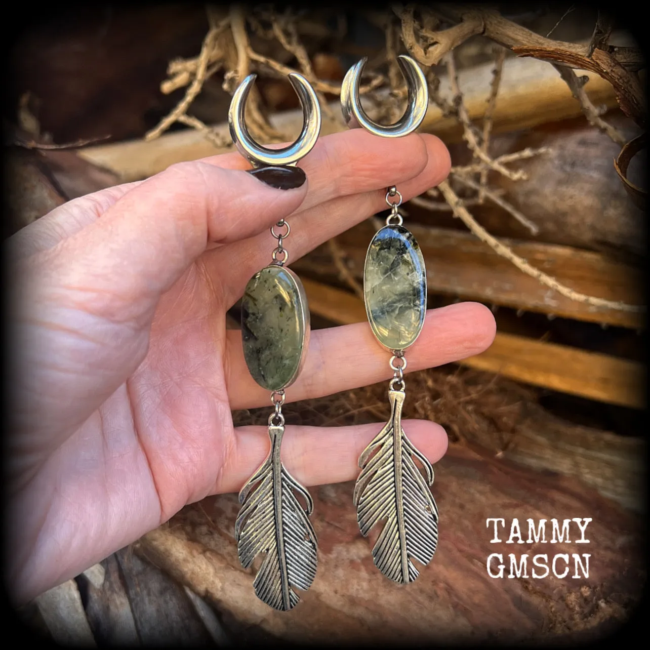 Moss jasper and silver feather ear weights-Boho gauged earrings