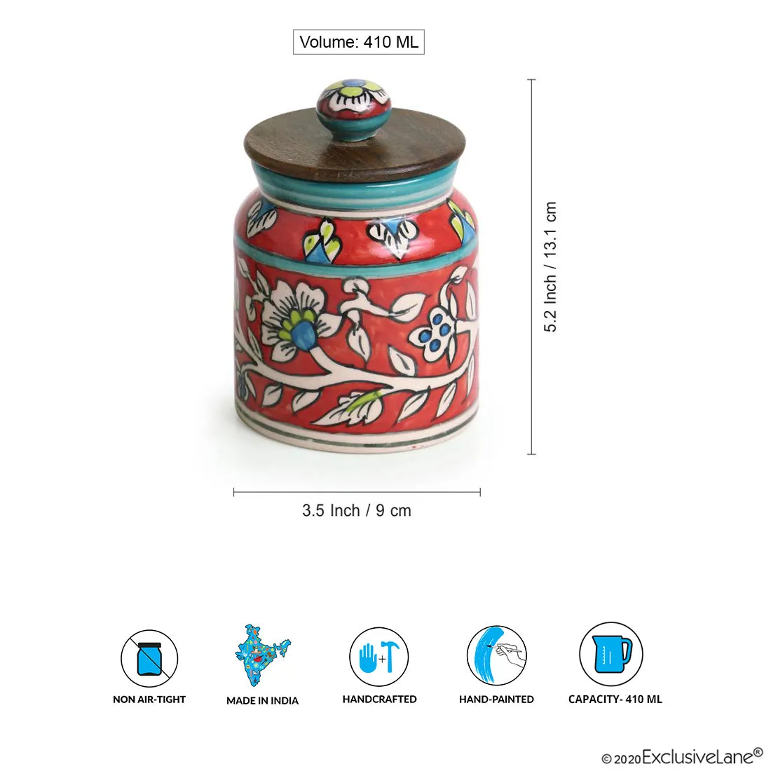 'Mughal Cylindrical' Floral Handpainted Multi-Utility Storage Jar & Container In Ceramic (Non-Airtight, 410 ML, 5.2 Inch)