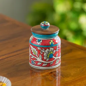 'Mughal Cylindrical' Floral Handpainted Multi-Utility Storage Jar & Container In Ceramic (Non-Airtight, 410 ML, 5.2 Inch)