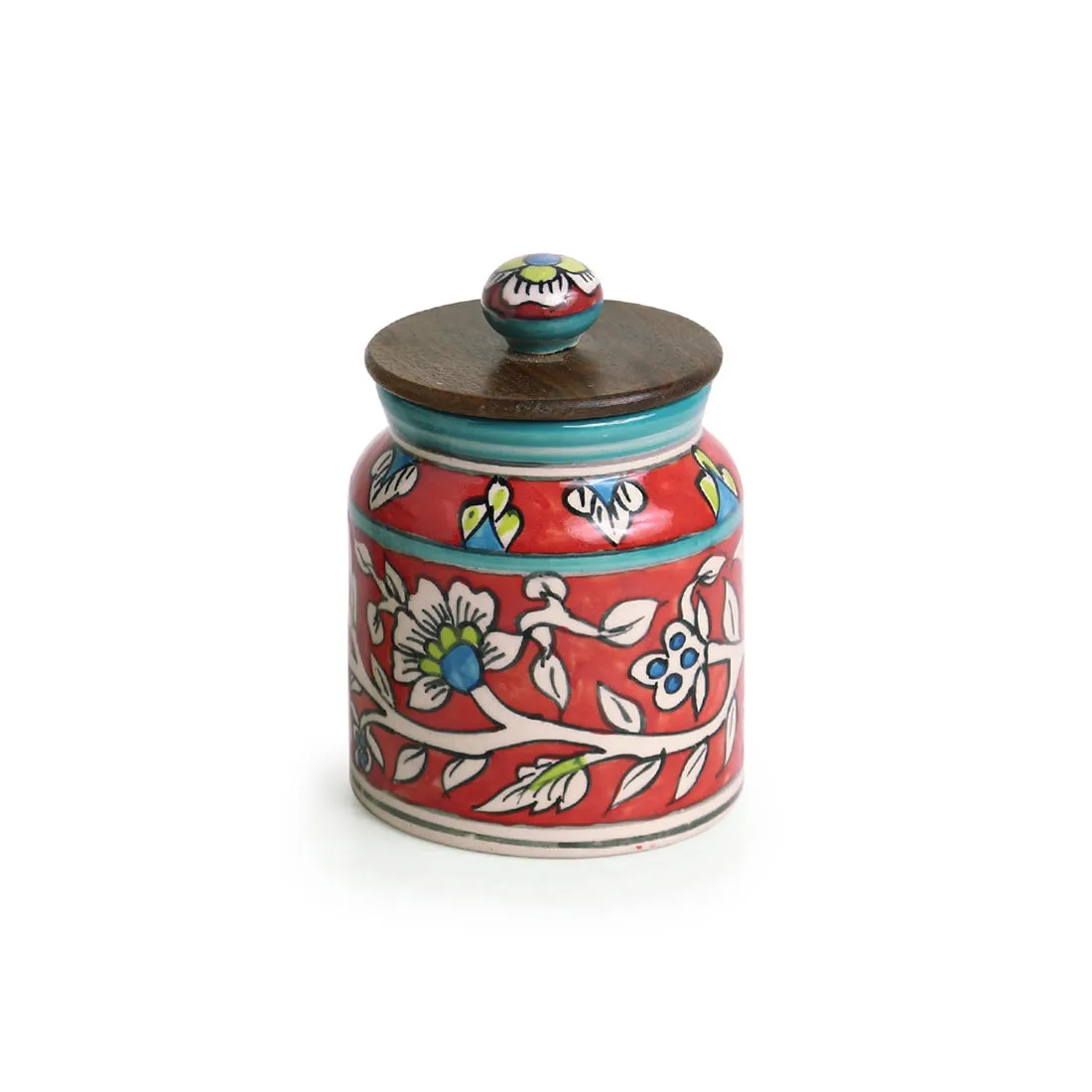 'Mughal Cylindrical' Floral Handpainted Multi-Utility Storage Jar & Container In Ceramic (Non-Airtight, 410 ML, 5.2 Inch)