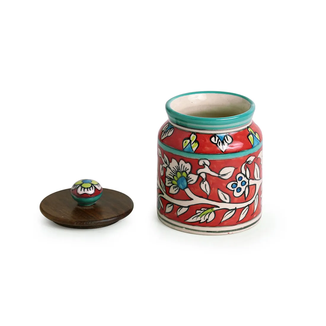 'Mughal Cylindrical' Floral Handpainted Multi-Utility Storage Jar & Container In Ceramic (Non-Airtight, 410 ML, 5.2 Inch)