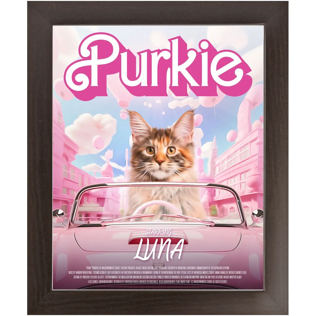 PURKIE Movie Poster - Barbie Inspired Custom Pet Portrait Framed Satin Paper Print