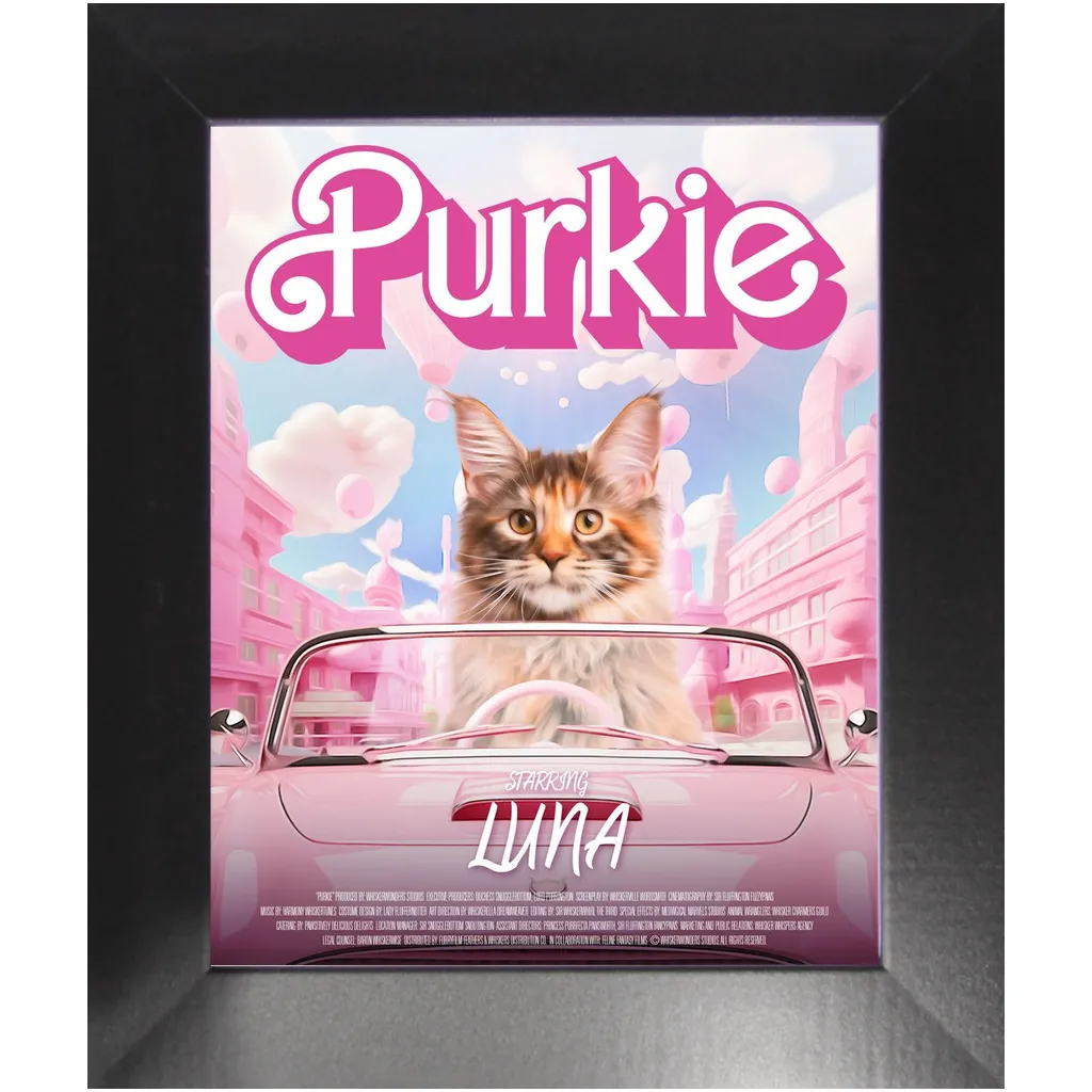 PURKIE Movie Poster - Barbie Inspired Custom Pet Portrait Framed Satin Paper Print