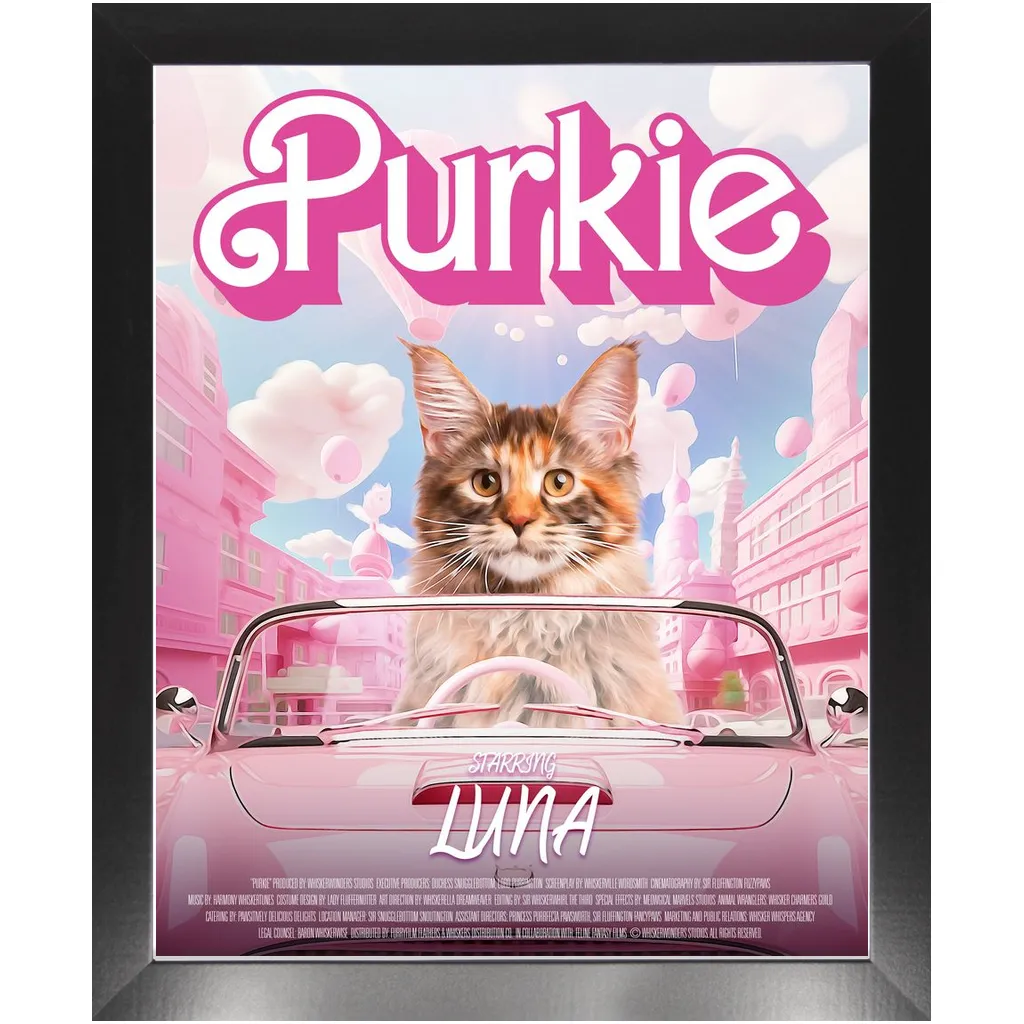 PURKIE Movie Poster - Barbie Inspired Custom Pet Portrait Framed Satin Paper Print