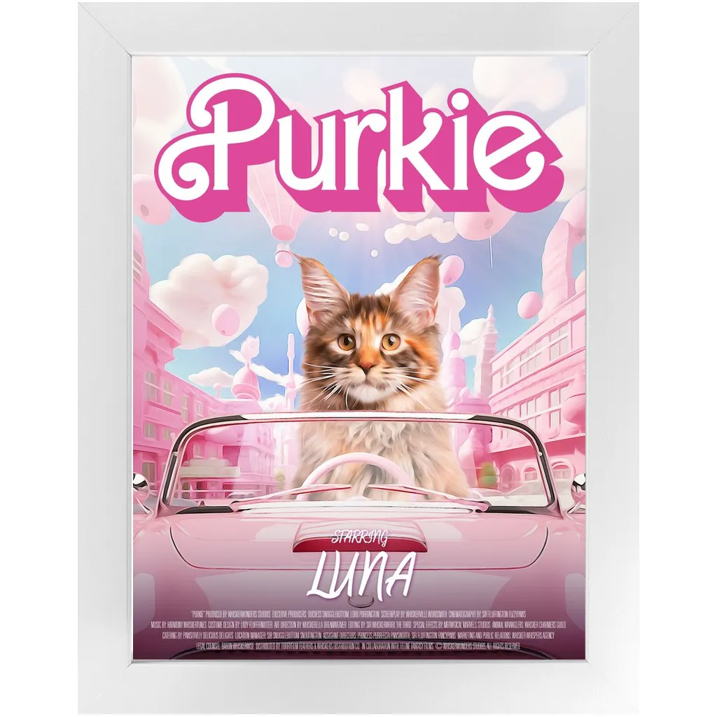 PURKIE Movie Poster - Barbie Inspired Custom Pet Portrait Framed Satin Paper Print