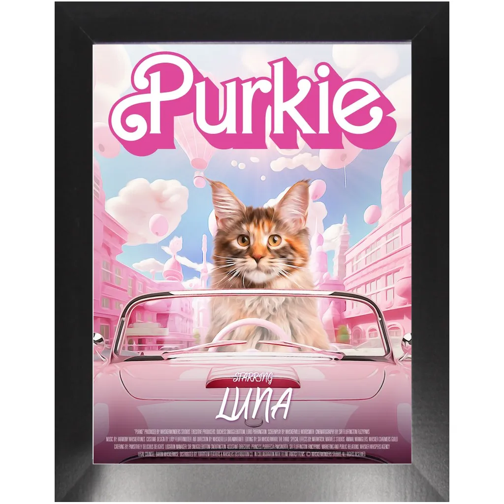 PURKIE Movie Poster - Barbie Inspired Custom Pet Portrait Framed Satin Paper Print