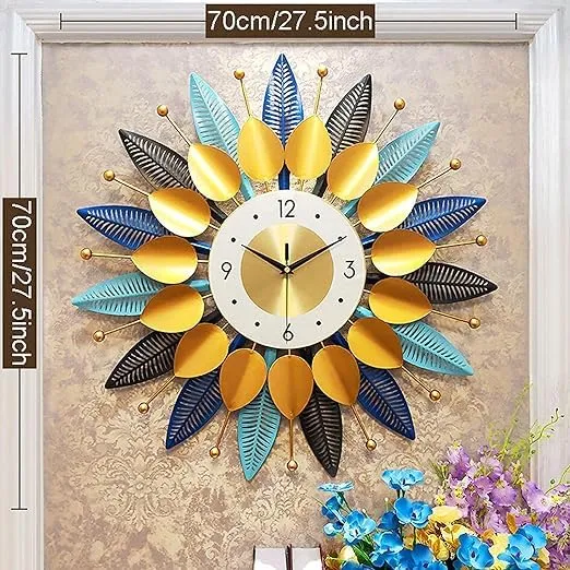 R RUNILEX Home Decoration Wall Clock 3D Metal Luxury Hanging Decorative Clock with Silent Movement Analogue Dial for Home Living Room Office Hotel Cafe (70 x 70 cm)