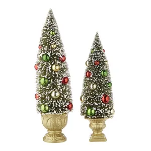 Raz 2022 Tartan Tidings 17.5" Green Bottle Brush Tree w/ Ornaments In Urn, 2 Set