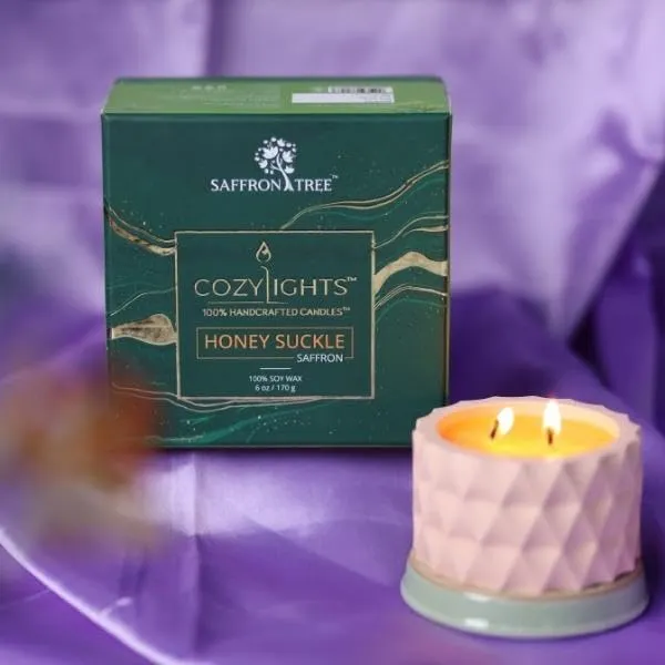 Saffron Tree Cozylights Honey Suckle Saffron Fragrance Candle | Scented Candles | Smokeless & Non-Toxic | Up to 24 Hours Burn Time | Candles for Home Decor & Aromatherapy | Ideal for Gifting | 170gm