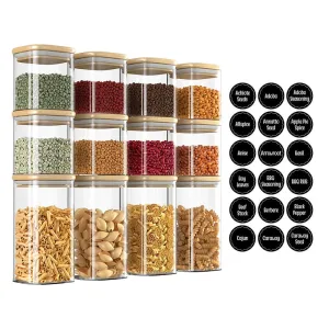 Set Of 12 Square Glass Storage Jars With 144pc Label Set