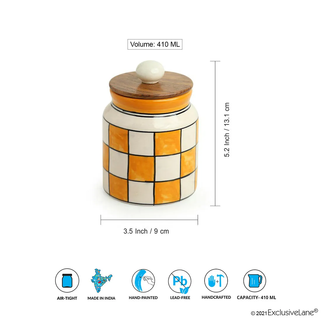 'Shatranj Checkered' Handpainted Multi-Purpose Storage Jars & Containers in Ceramic (Airtight, Set of 2, 410 ML, 5.2 Inch)