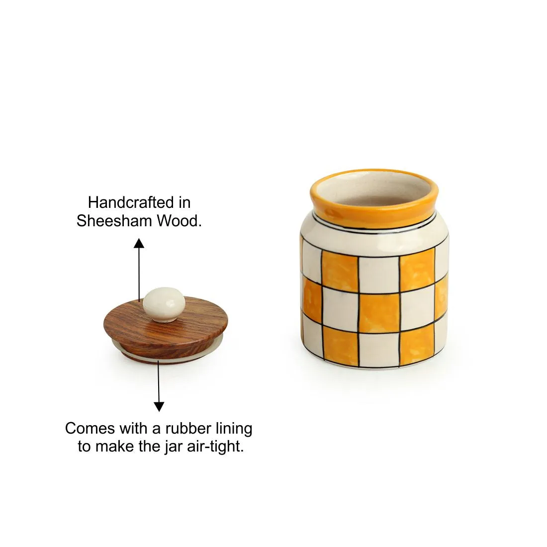 'Shatranj Checkered' Handpainted Multi-Purpose Storage Jars & Containers in Ceramic (Airtight, Set of 2, 410 ML, 5.2 Inch)