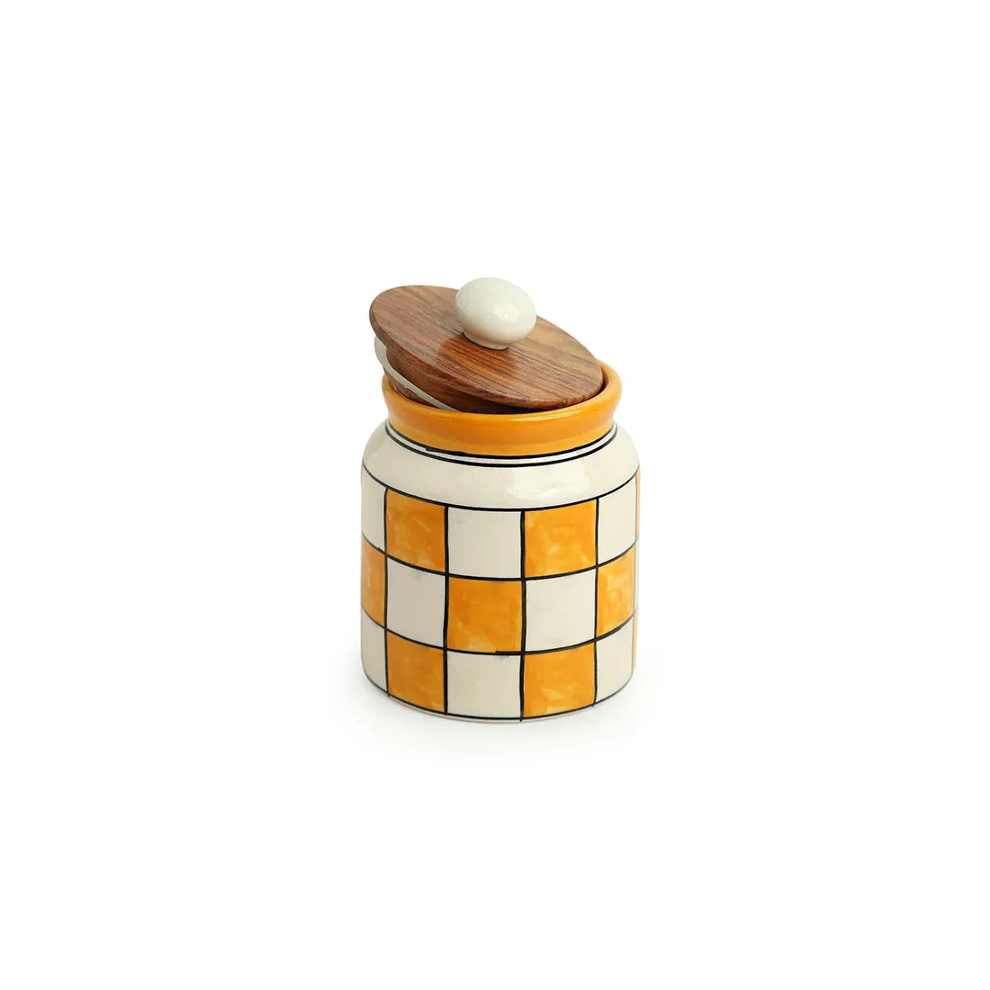 'Shatranj Checkered' Handpainted Multi-Purpose Storage Jars & Containers in Ceramic (Airtight, Set of 2, 410 ML, 5.2 Inch)