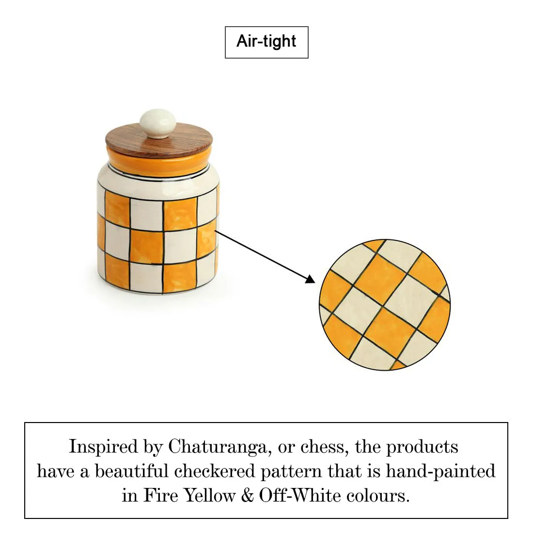 'Shatranj Checkered' Handpainted Multi-Purpose Storage Jars & Containers in Ceramic (Airtight, Set of 2, 410 ML, 5.2 Inch)