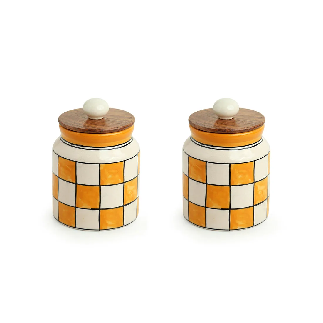 'Shatranj Checkered' Handpainted Multi-Purpose Storage Jars & Containers in Ceramic (Airtight, Set of 2, 410 ML, 5.2 Inch)