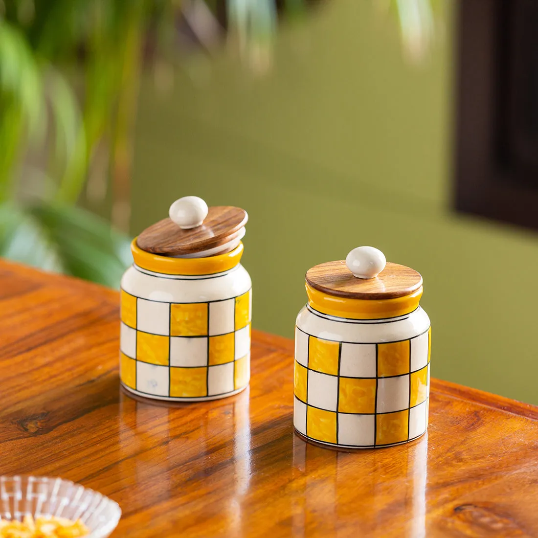 'Shatranj Checkered' Handpainted Multi-Purpose Storage Jars & Containers in Ceramic (Airtight, Set of 2, 410 ML, 5.2 Inch)