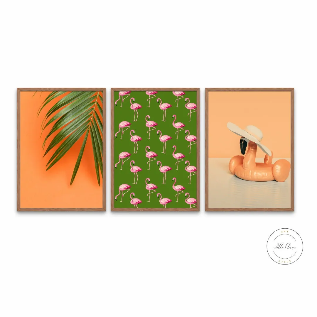 Summer Flamingo Preppy Wall Art Set Of 3 PRINTABLE ART, Tropical Warm Patterns, Preppy Colorful Wall Art, Flamingo Palm Leaf