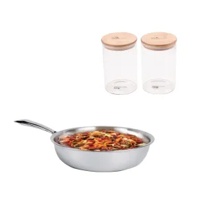 The Better Home Pack Of 2 1000 ml Each Kitchen Containers Set with Bamboo Lid & 1.2 Ltr Tri-Ply Stainless Steel Fry Pan | Suitable for Gas Stove & Induction | 20 Cm Diameter | Silver