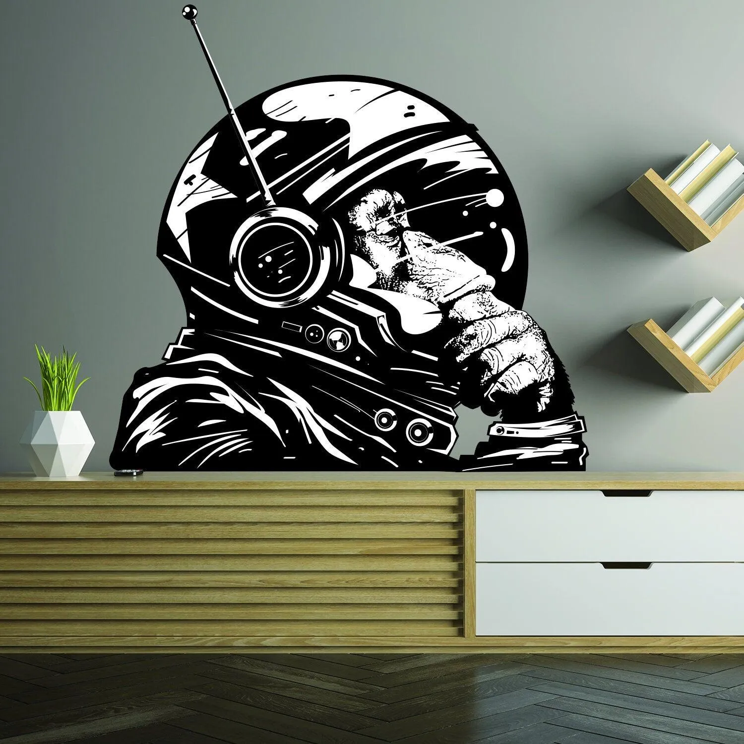 Thinking Astronaut Monkey Print Art Wall Sticker - The Thinker Chimp Space Astronauts Mural Decal