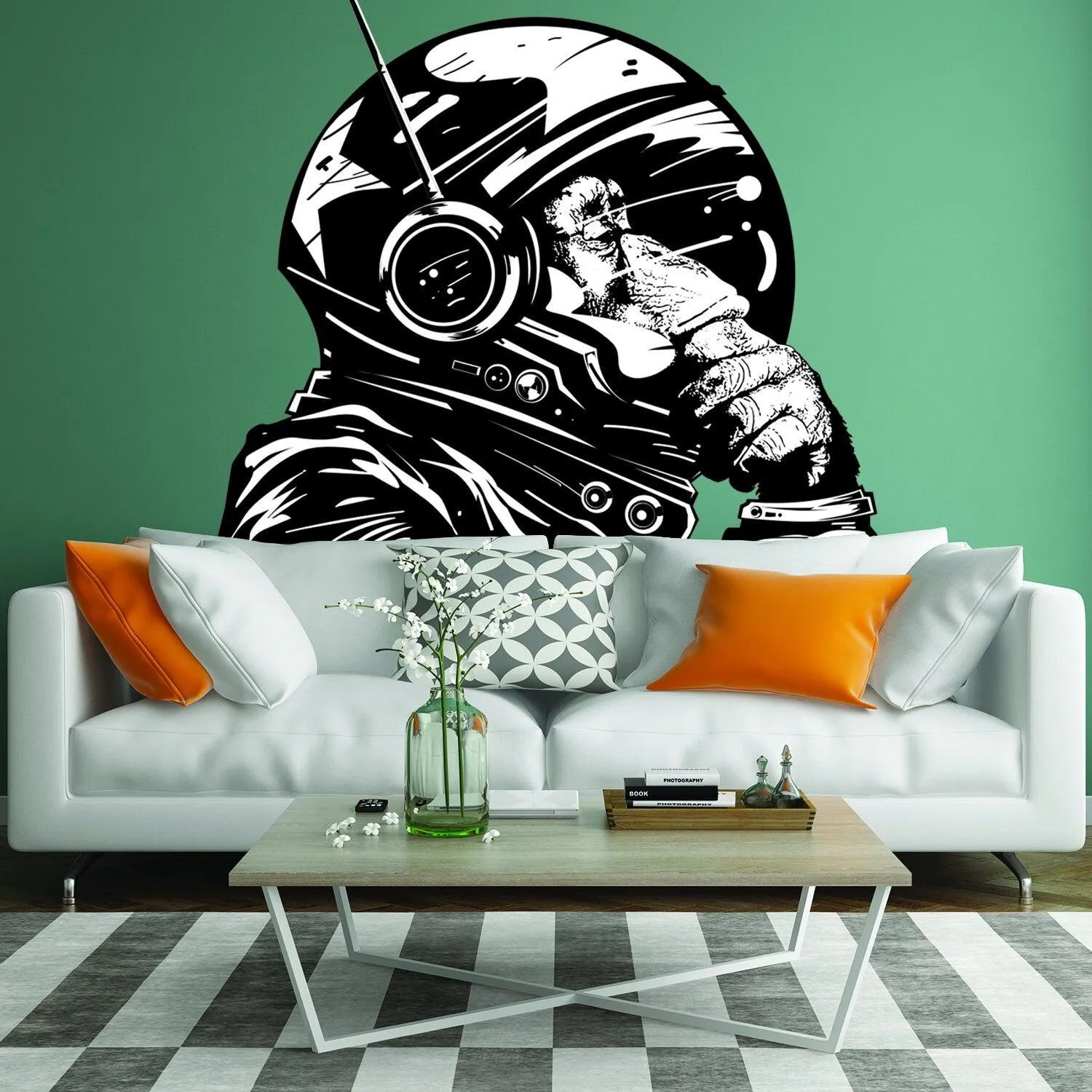 Thinking Astronaut Monkey Print Art Wall Sticker - The Thinker Chimp Space Astronauts Mural Decal